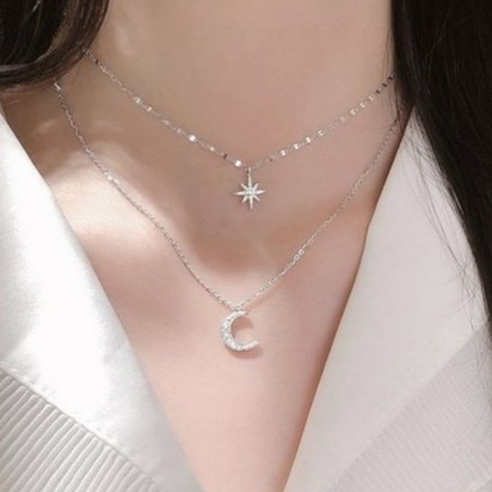 *925 Sterling Silver Diamond Moon Star Necklace C1